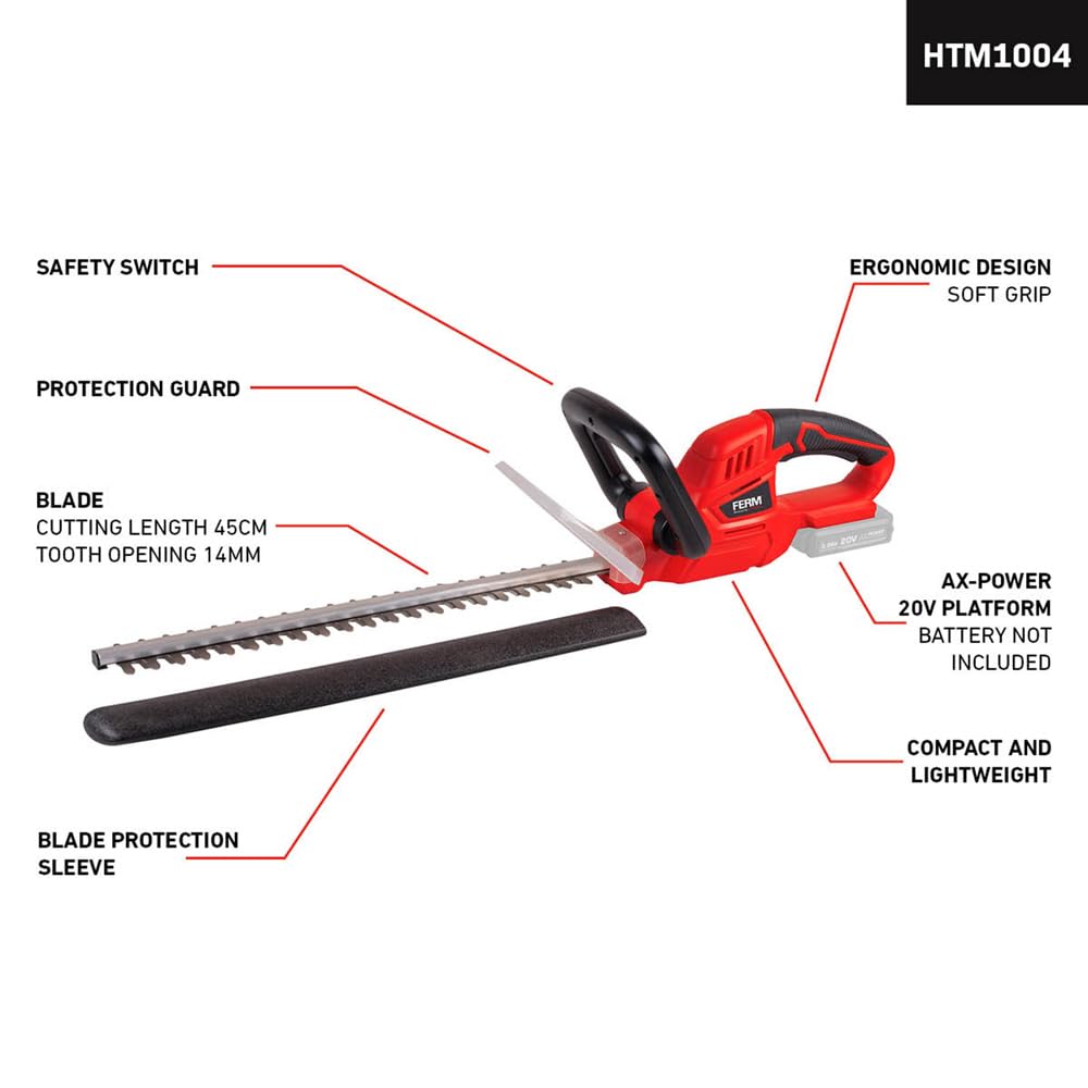 FERM Taille-Haie sans Fil 20V AX-Power – Lame 50 cm – Coupe Branches Jusqu’à 14 mm – Poignée Softgrip – Transparent Protection – Compatible Batteries 2.0/4.0Ah