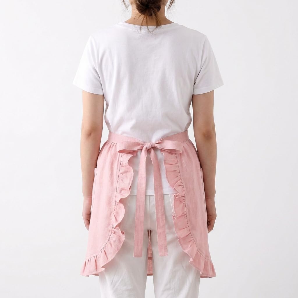 Linen Ruffle Maid Apron with Pockets, 100% French Flax, Adjustable Waist, Bistro Half Apron for Waitress, Server