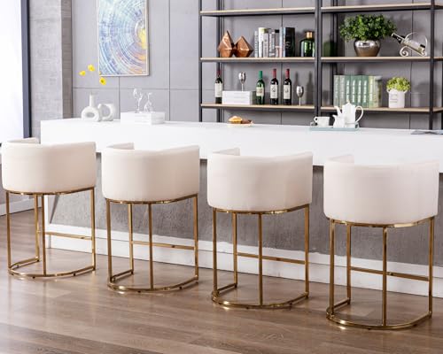 Image of HNY Modern Counter Height Linen Fabric Upholstered Counter Stool Set of 4, 32 Inch Cream Kitchen Island Stool with Gold Metal Frame