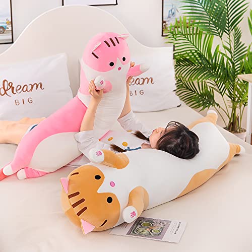 Image of Tickles Cute Cat Hugging Soft Plush Sleeping Throw Animal Bolster Pillow for Kids Boys & Girls (Color: Grey Size: 70 cm)