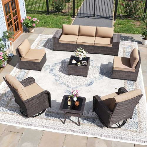 Image of 9 PCS Outdoor Patio Furniture Set,Outdoor Sectional Furniture All Weather PE Rattan Wicker Patio Conversation Set,Swivel Rocking Chairs Set,Sand