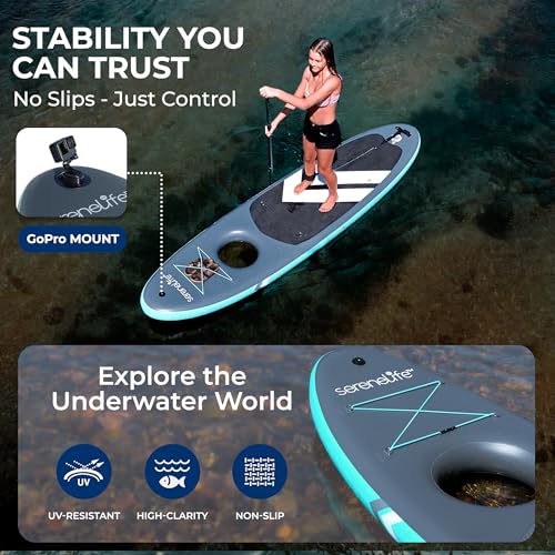Image of SereneLife 10'6 inch Inflatable Stand Up Paddle Board with Premium SUP Accessories - 32 inch Wide Stable Design with Non-Slip EVA Deck Pad, for Youth and Adults, 350 lbs. Capacity