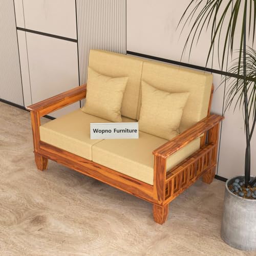 Image of Sheesham Wooden 2 Seater Sofa for Living Room | Rosewood Cushion Sofa with Side Newspaper Holder for Home & Office | Solid Wood Sofa Set for Lounge (Honey, 2 Seater)