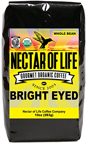 Bright Eyed Medium Dark Roast Whole Bean Coffee from Nectar of Life - Full Body. Thick & Rich. Central & South American Coffee. Best Organic Coffee USDA Organic Coffee Fair Trade Certified 10oz Bag