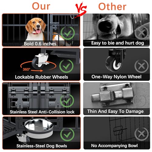 Hundekäfig, Hundebox mit Bodenschale, Hundekäfig mit Trennwand, Hundegitterbox mit 2 Türen und Tablett, 2 in 1 Doppelbox Hundegitterbox für Große und mittlere Hunde, 107 x 73 x 69 cm, Schwarz