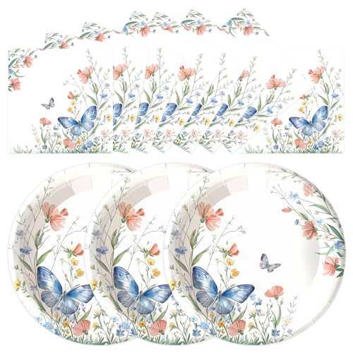 50pcs Wildflower Paper Plates and Napkins Party Decorations 7inch Floral and Butterfly Paper Plate Tableware for Spring Summer Birthday Baby/Bridal Shower Picnic Wedding Girl Tea Party Supplies