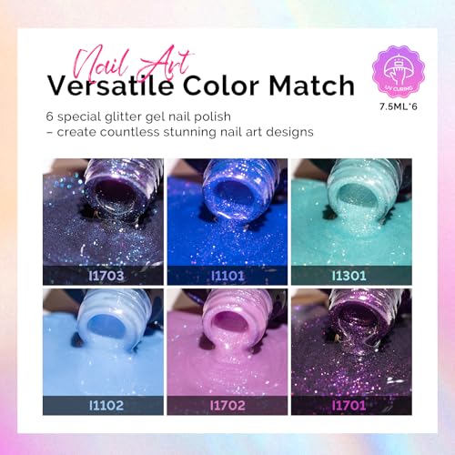Image of MelodySusie 7.5ML Glitter Gel Nail Polish Set, 6 Colors Chameleon Sparkle Gel Polish Kit Aurora Blue Purple Green Shimmer Gel Polish Gifts for Women Nail Art Manicure Salon DIY Nail Design at Home