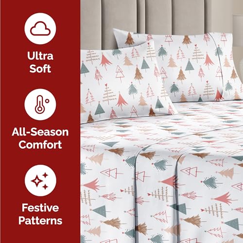 Twin XL Christmas Tree Sheet Set - Holiday Xmas Pattern Bedding Set - Deep Pockets - Snug Fit - 3 Piece - Wrinkle Free - Comfy & Cooling Festive Winter - Holiday Sheets for Women, Men, Kids & Teens