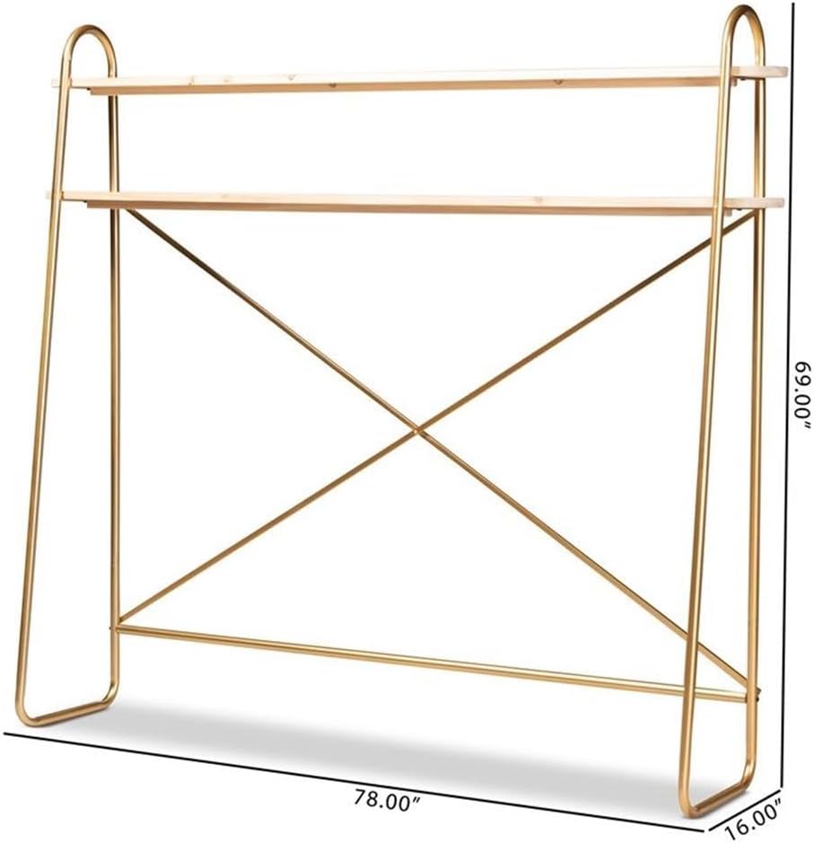 Merida Glam Brushed Gold Metal and Natural Brown Wood 2-Tier Over Bed Queen Size STORAG