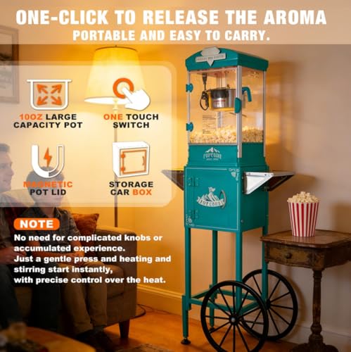 Image of Popcorn Machine with Cart,Wheels & 10 Oz Kettle Popcorn Maker Measuring 3 plastic spoon Home Theater Popcorn Machine-Cyan