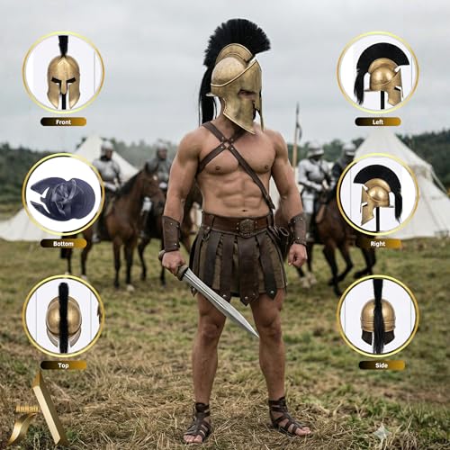 Image of AnNafi Agamemnon Helmet, Medieval Armor King Leonidas Greek Spartan Helmet, 300 Roman Knight Helm, Ancient Wearable For Adult Helmets Reenactment SCA LARP Cosplay Men Halloween & Drama Costumes
