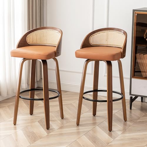 Image of 24.8 inch Swivel Rattan Bar Stools Set of 3,Mid-Century Modern Orange Leather Upholstered Counter Height Stools,Kitchen Island Barstools with Rattan Low Backrest,Walnut Wood Finish Bar Chair