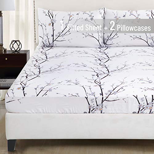 YEPINS Sábana bajera ajustable de microfibra cepillada suave con bolsillos profundos (sin sábana superior), patrón estampado floral de rama (tamaño doble, flor blanca) Cover