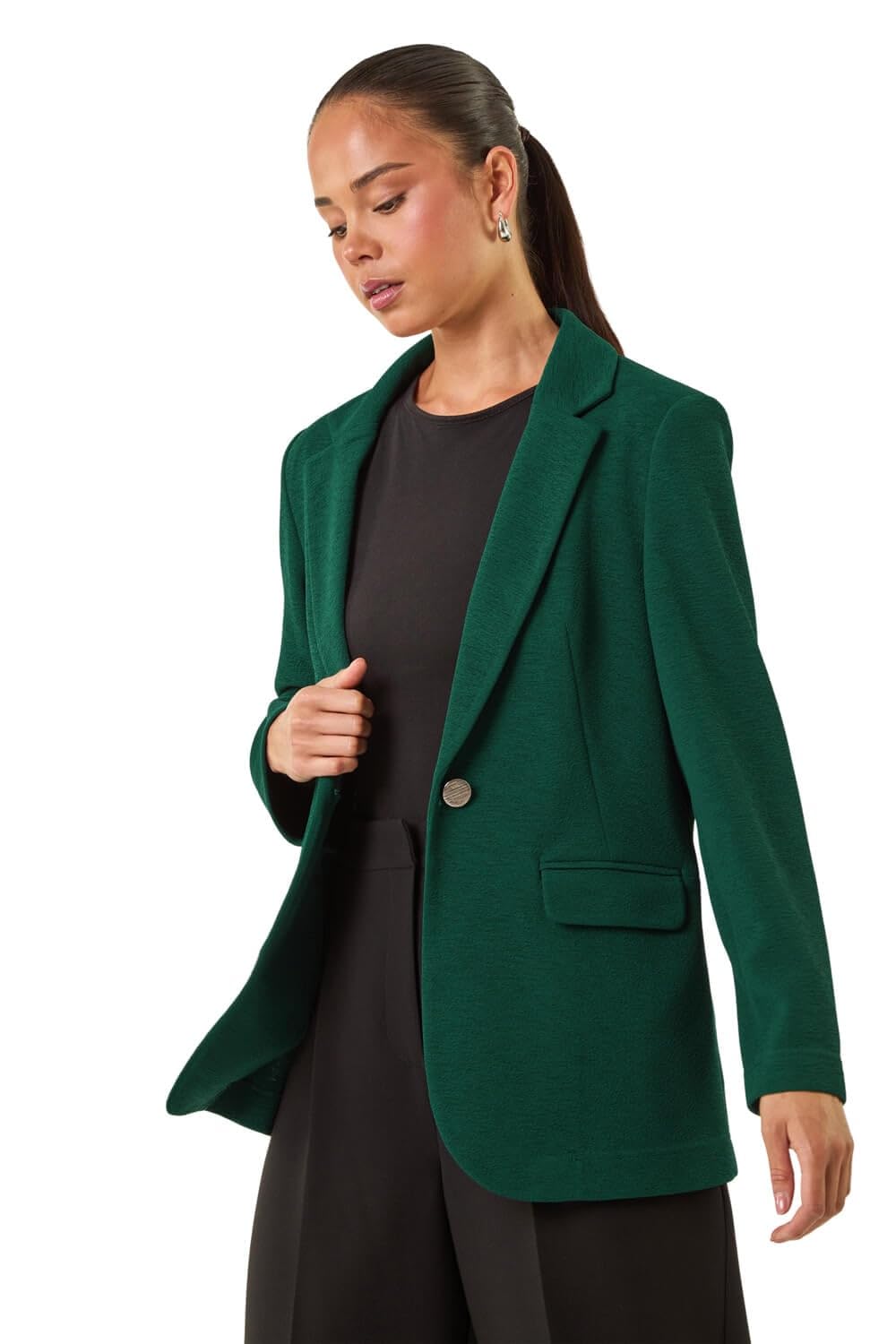 Roman Originals Women's Petite Teal Roman Petite Textured Buttoned Blazer For Uk - Everyday Autumn Winter Revered Collar Comfy Soft Evening Vacation Work Party Night Out