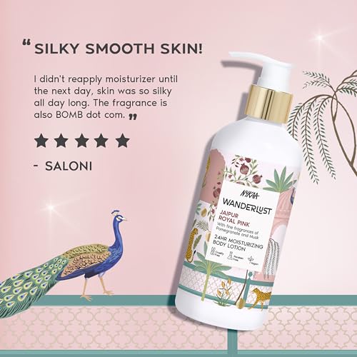 Image of Nykaa Wanderlust Jaipur Royal Pink Moisturising Body Lotion, 300 ml | Tuberose and Red fruits Perfume | Lightweight, Long-Lasting Hydration | Vegan, Paraben-Free I | Suitable for All Skin Types | 300 ml, Lightweight, Long-Lasting Hydration, Vegan, Paraben-Free
