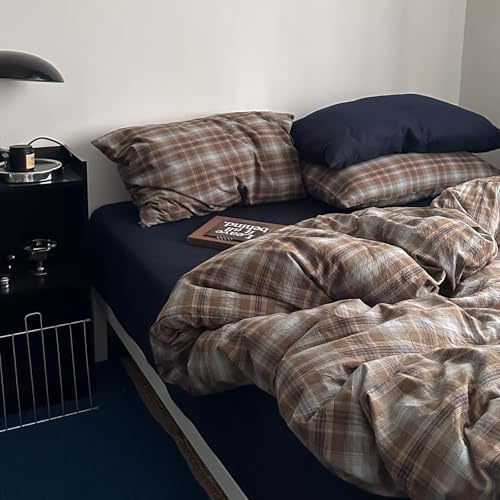Image of VM VOUGEMARKET Retro Preppy Brown & Blue Gingham Bedding Set Washed Cotton Duvet Cover King Size,Casual Soft Breathable Plaid Tartan Bedding for All Aesthetic Bedrooms