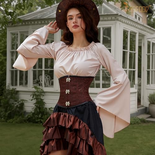 JASGOOD Women’s Black Brown Underbust Corset Belt – Lace-Up Boned Waist Corset Fashion Bustier for Halloween4