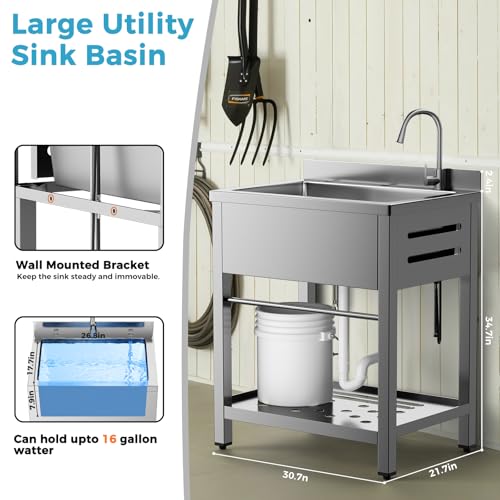 Image of Stainless Steel Utility Sink Freestanding Single Bowl Garage Sink 31 Inch | Shop Sink for Laundry Basement Garden Kitchen Outdoor, w /t Cold & Hot Water Lines, Rapid Drainage, 16 Gallon Large Capacity