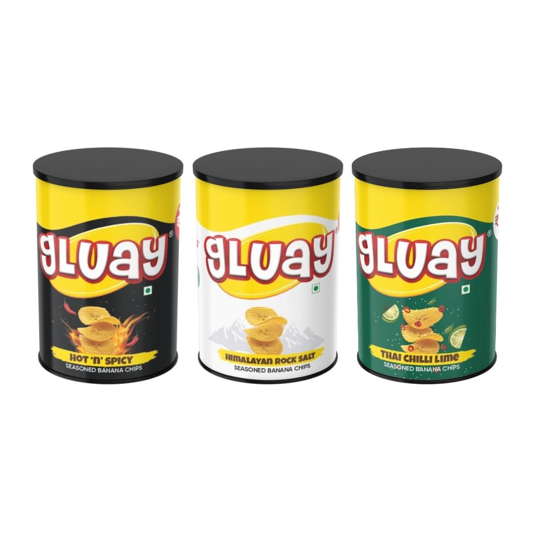 GLUAY Crispy Chips Pack of 3 | 1 Spanish Tomato | 1 Thai Chilli Lime | 1 Chinese Chili Tomato | Crunchy Snack for Movies, Games & More | Pack of 3 x 110 g