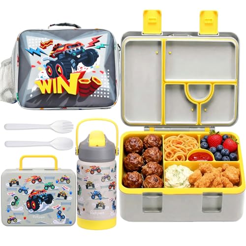 rockpapa Kids Bento Lunch Box Set with Insulated Water Bottle, Grey Trucks