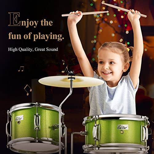 Eastar Eds-180G 14 Inch 3-Piece Kids/Junior Drum Set With Throne, Cymbal, Pedal & Drumsticks,Metallic Green #TOP5