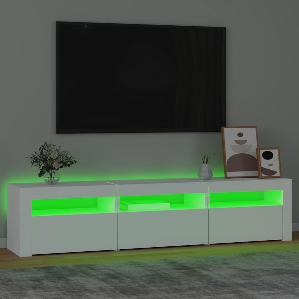 Mueble de TV de Madera con Luces LED RGB, Gran Espacio de Almacenamiento, Adecuado para Salón y Dormitorio, Diseño Moderno, Color Blanco, 180 x 35 x 40 cm