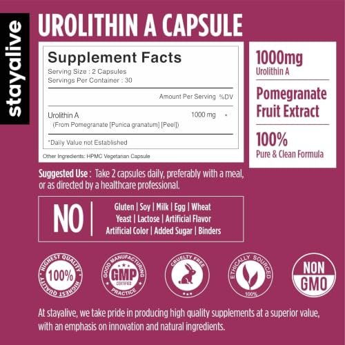 Image of STAY ALIVE Urolithin A 1000mg | Support Endurance, Mitochondrial Function, Cellular Renewal & Muscle Strength | 60 Urolithin A+ Capsules | Non-GMO & Gluten-Free Urolithin A Supplement