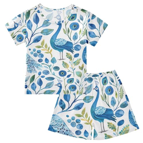 ALAZA Peacock Watercolor Blue Cartoon Pajamas Short Sleeve 2 Piece Sleepwear Top and Bottom Pajama Set Unisex