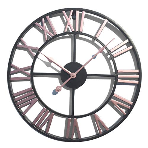 YAKOK 40CM Metal Silent Large Wall Clock Roman Numerals Vintage Iron Wall Clocks Design Clock for Living Room, Kitchen, Bedroom, Office (Pink)