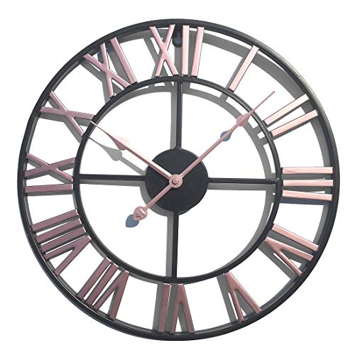 Yakok - Reloj de pared de metal silencioso (40 cm), diseño de números romanos, estilo vintage, color rosa