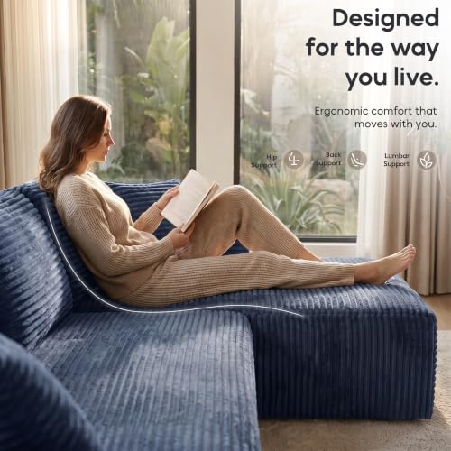 Image of 133 inch Oversized Cloud Boneless Sofa Couch with Chaise, Modern Corduroy U Shaped Modular Sectional Sofa with Deep Seat, Comfy Couch with Cupholders and Storage, No Assembly Required-Blue