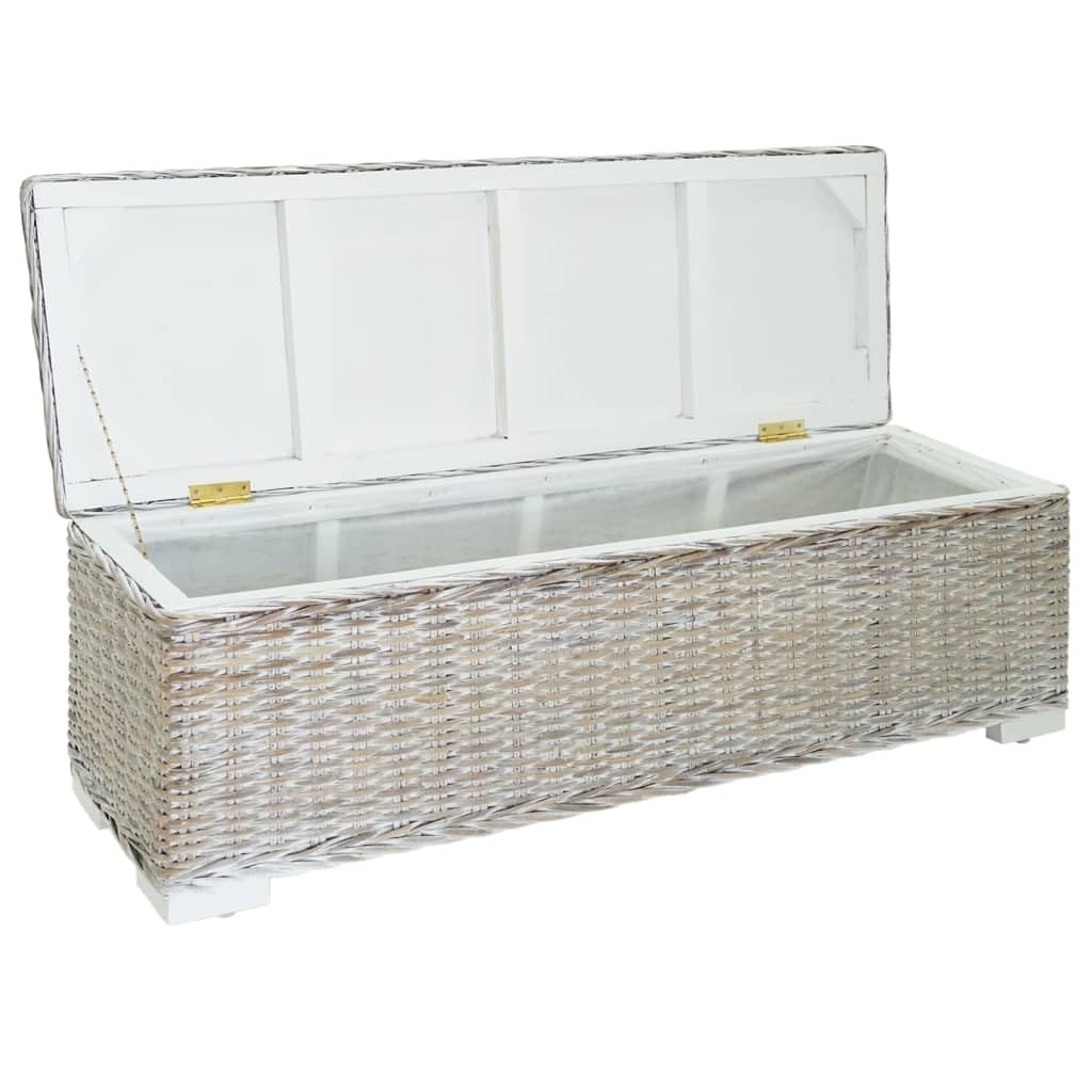 Baúl blanco de 110 cm de mimbre natural Kubu con marco de madera maciza de caoba, banco acolchado con espacio de almacenamiento, tapa abatible para pasillo, dormitorio y entrada