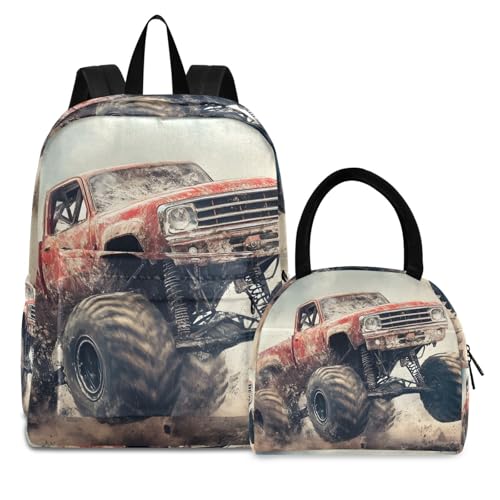 Backpack Lunch Bag Set Vintage Monster Truck Print, Big Storage Travel Backpacks with Insulated Lunch Box for Office Hiking Picnic