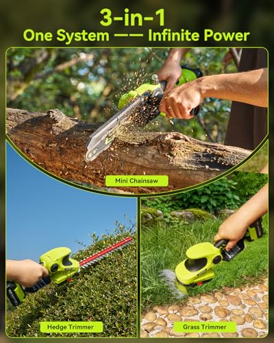 Image of Supstable 3-in-1 Cordless Mini Chainsaw & Hedge Trimmer Combo, 8 Inch Mini Chainsaw with Grass Shear, 800W Brushless Motor, 2x4000mAh Batteries, Garden Tool Set for Tree Trimming & Lawn Care