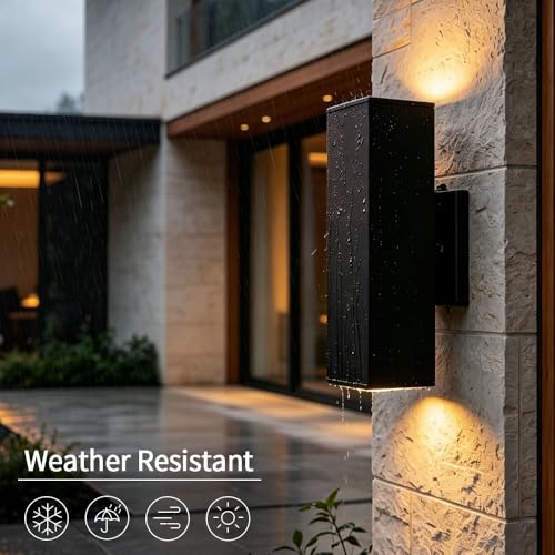 Image of Cerdeco 13 inch Black Square Modern Dusk to Dawn Outdoor Wall Light,2 Pack | E26 Base,UL listed,Aluminum Up and Down Lights Outdoor Exterior Wall Light Fixture Porch Light for House Garage Patio Garden