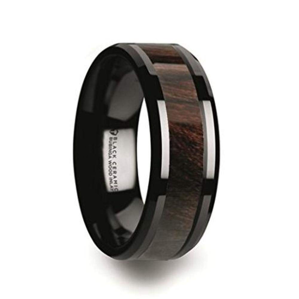 BENNY Black Ceramic Polished Beveled Edges Men's Wedding Band with Bubinga Wood Inlay 8mm Wide Wedding Band with Custom Inside Engraved Personalized