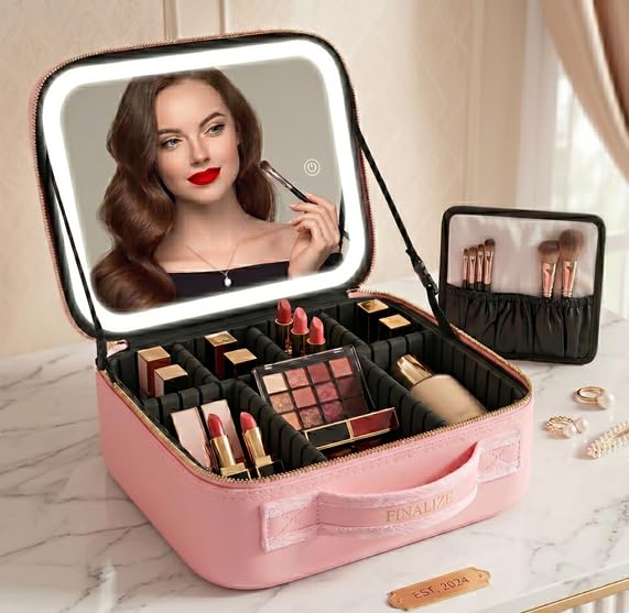 Makeup Vanity Mirror with LED Light | Trifold Touch Screen Mirror with 3X/2X Magnification | 180° Rotation | USB Rechargeable with Storage Base - (Pink)-image-10