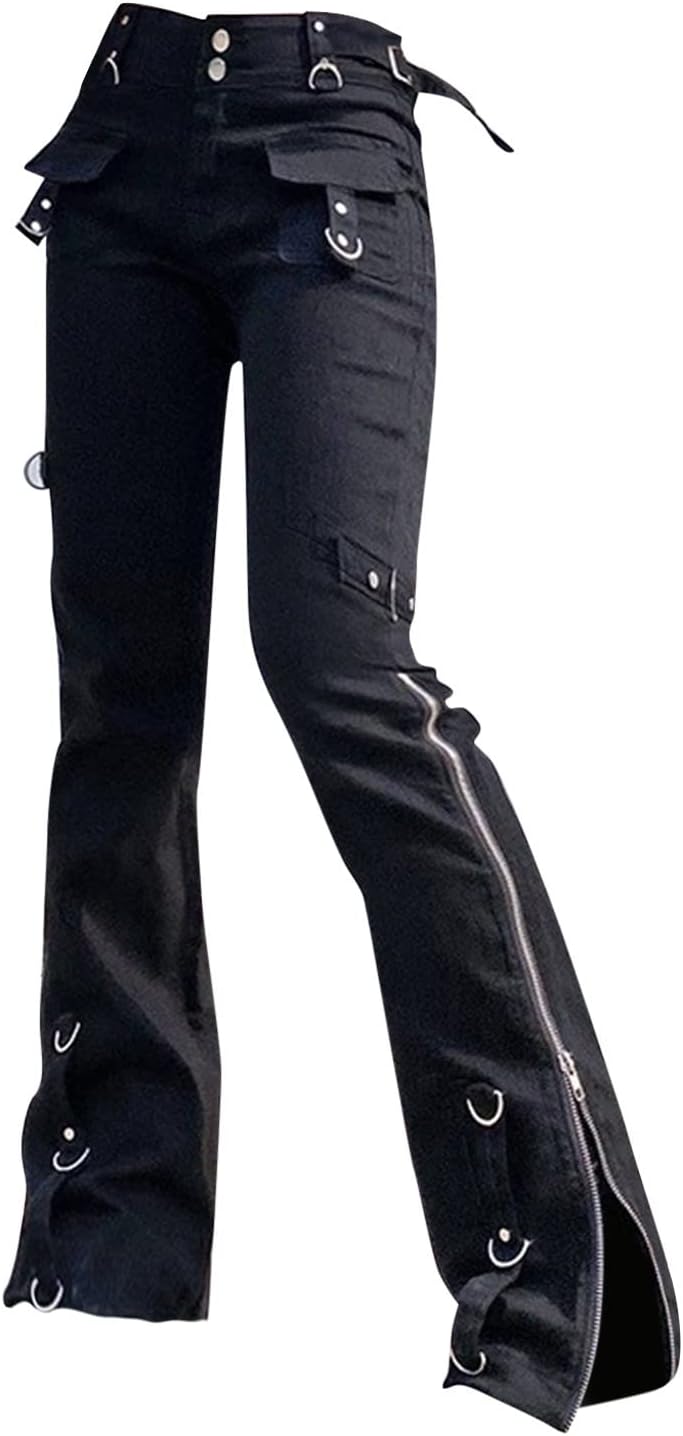 Forwelly Cargo Pants for Women Teen Girls Flared Jeans Gothic Punk Trousers High Waist Bell Bottoms Casual Pants