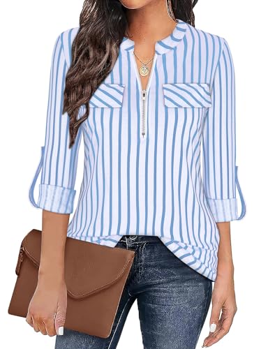 Gemulate Women's Tops Striped Shirt for Women Zip Up Plaid Tunic Blouse 3 Quarter Sleeve Shirt for Women Floral Printed Shirts Going Out Tops White Light Blue Stripe XL