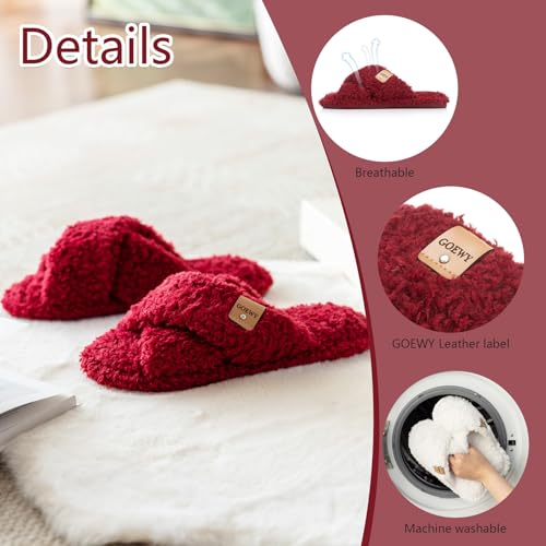 Image of GOEWY Fuzzy Open Toe Slippers for Women Cozy Memory Foam House Shoes Indoor | Cute Cross Band,Soft Faux Fur,Anti-slip Sole Outdoor,Machine-washable,Lightweight,Slip on Gifts for Women,Mom and Bridesmaid