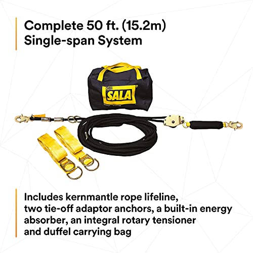 Image of 3M DBI-SALA Sayfline 7600505 Horizontal Lifeline System, 50-Foot Kernmantle Rope with Tensioner, Energy Absorber, Two 6-Foot Tie-Off Adaptors, Carrying Bag, Black