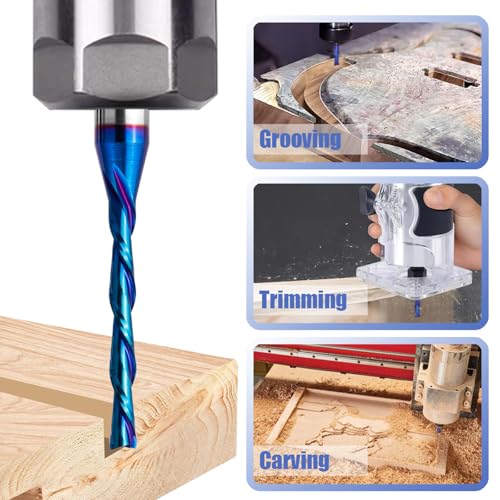 Image of Mesee 2 Flute Spiral Dowcut Router Bit 1 /4 Inch Shank Flat Nose End Mill CNC Router Bit Nano Blue Coat Carbide Milling Cutter for Wood Mortises Carving Engraving - 1 inch Cutting Length, 1 /8 inch Cutting Dia