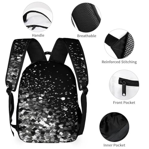 Black White Glitter Printed Backpack With Lunch Pack Storage Box Case 3pcs Lightweight Travel Backpack3