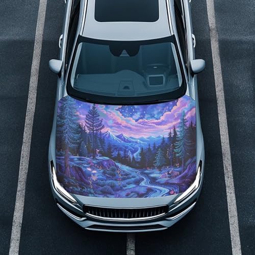 Image of Starry Sky Forest Car Hood Cover Stretch Polyester Cover for Car Hood Removable Automotive Accessories Easy Installation for Car Hood Decoration and Protection