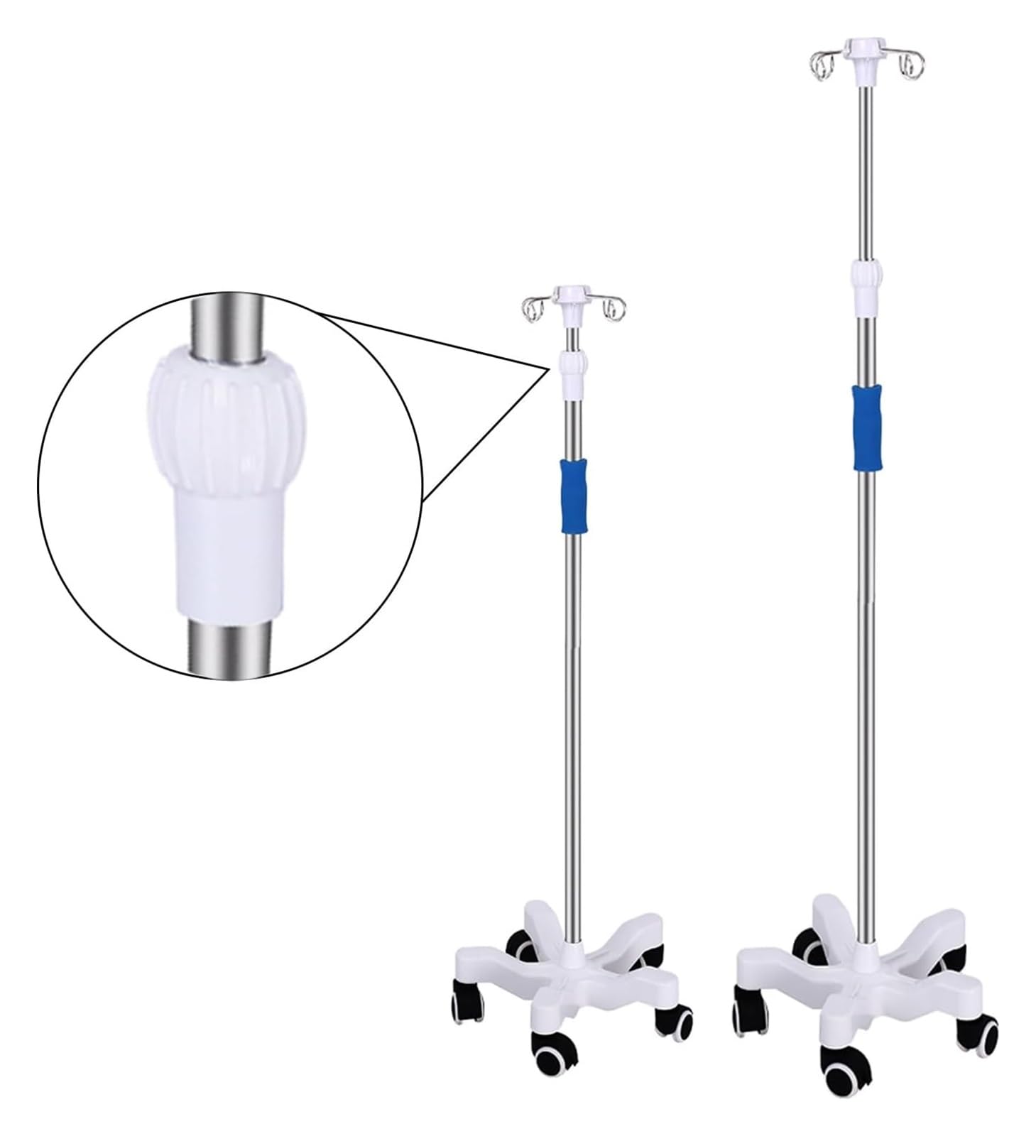 Asta per flebo, Asta per flebo con Ruote, 4 Ganci, 5 Ruote, Supporto per Sacca per fluidi IV, Altezza Regolabile, Asta per flebo per Ospedale Domestico (Bianco B)