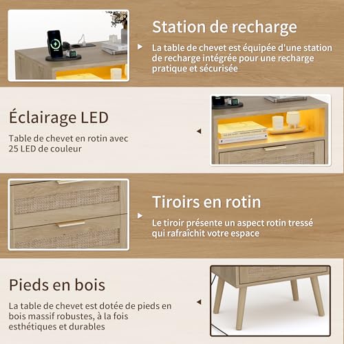 Table de Chevet avec éclairage LED et Multiprise Intégrée Lot de 2 BonVache - 7