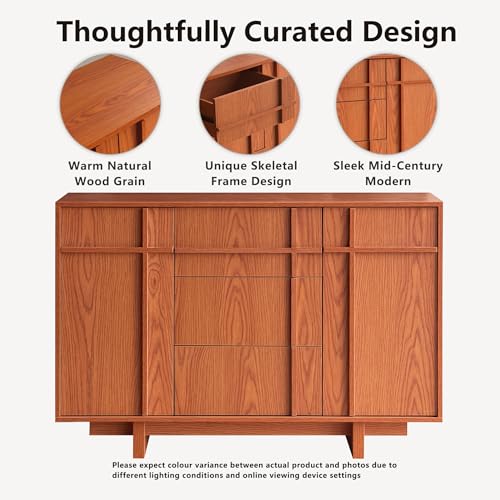 Image of Sideboard Buffet Cabinet with Storage, 47.2 inch Large Sideboard with 2 Doors & 3 Drawers, Mid Century Modern Credenza with Skeleton Line&Wood Grain for Living Room, Kitchen and Entryway, Cherry