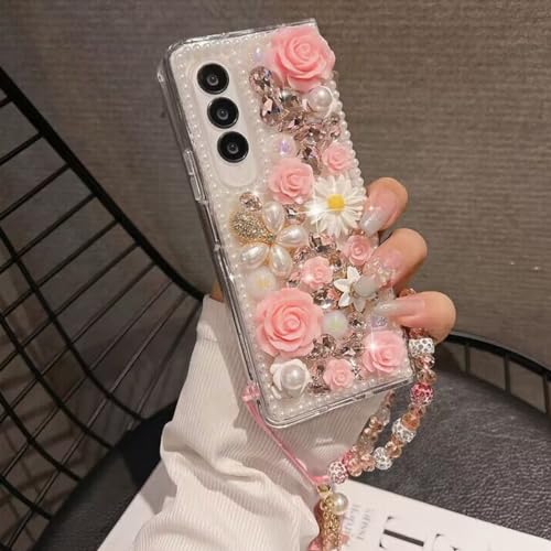 Changjia for Samsung Galaxy S26 Plus Glitter Bling Case, Cute Luxury 3D Sparkle Crystal Rhinestones Flowers Diamond Pearl Gems with Lanyard Wrist Strap Women Girls Phone Case for Galaxy S26 Plus, Pink by Changjia - Used condition - Image 3