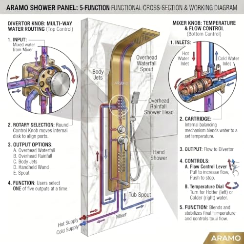 Image of ARAMO Shower Panel - Wave with Waterfall Shower, Massage Jet, 5 Water Functions (Gold)