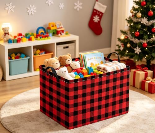 Image of Rectangular Storage Basket for Boys Kids Basket Storage Bin Organizer Box(Red Checkered)